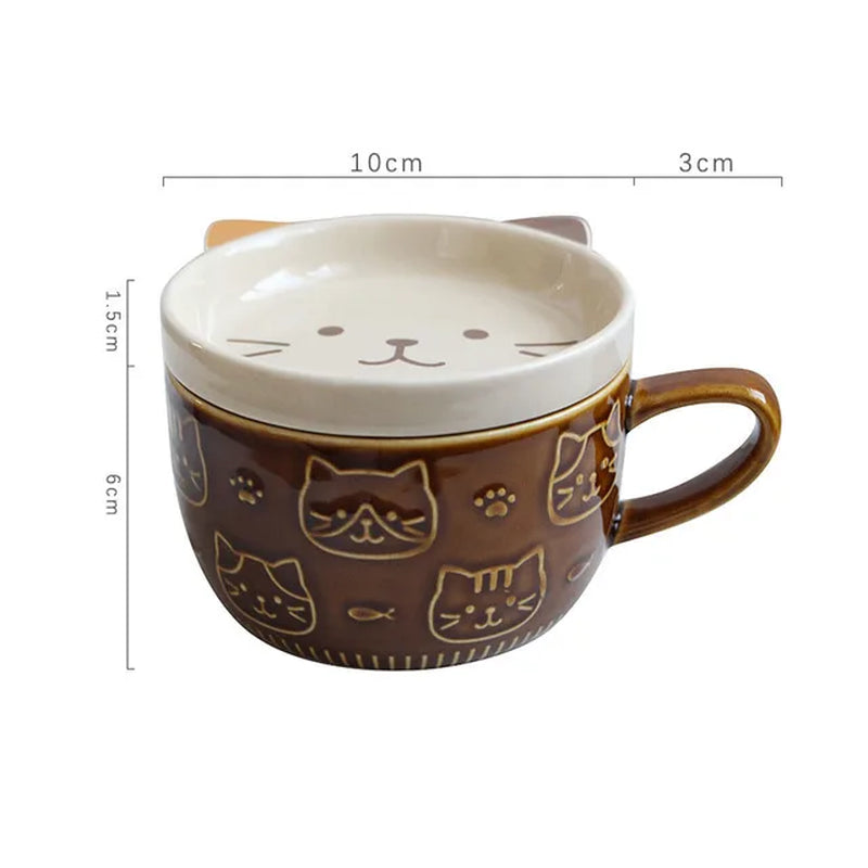 Japanese Cartoon Cat Coffee Mug with Cat Pattern Lid Small Dish Cute Breakfast Cup Creative Coffee Cup Milk Cup Gift for Girl