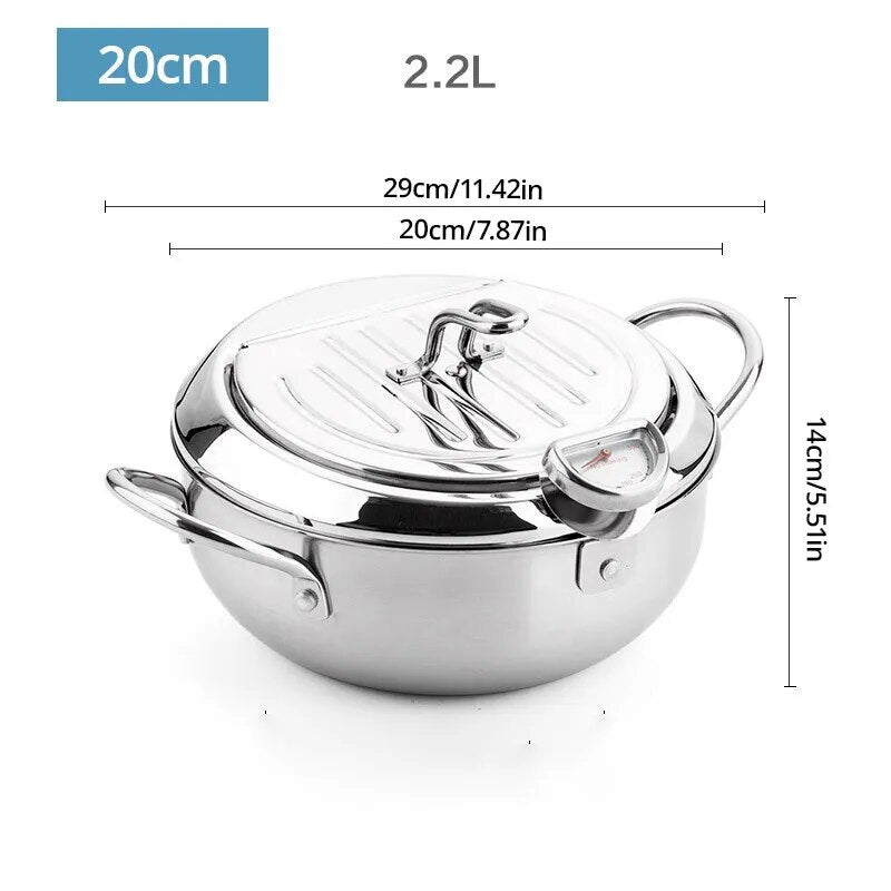 1Pc Stainless Steel Oil Pan Household Thermometer with Cover Tempura Oil Fryer Small Oil Saving French Fries Frying Pan