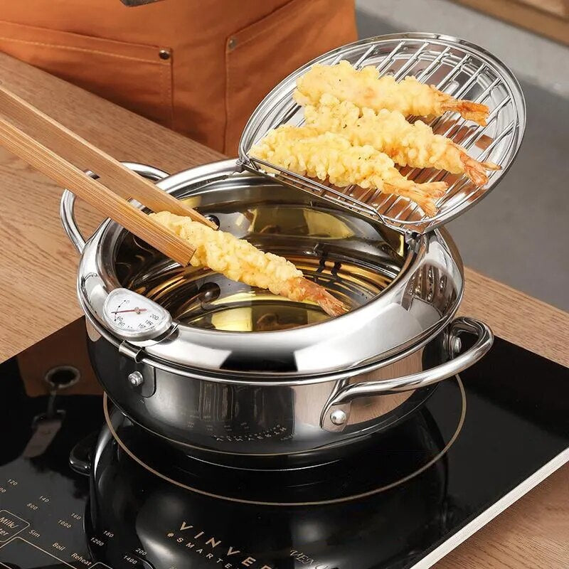 1Pc Stainless Steel Oil Pan Household Thermometer with Cover Tempura Oil Fryer Small Oil Saving French Fries Frying Pan