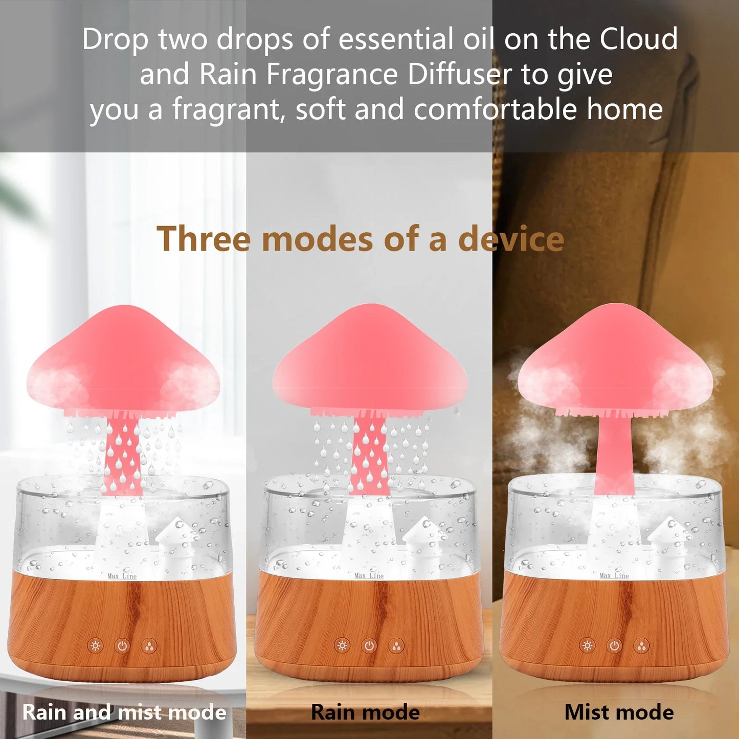 450ML Rain Drop Humidifier with Remote 7 Colours Led Light Mushroom Cloud Essential Oil Aromatherapy Diffuser for Sleeping Home