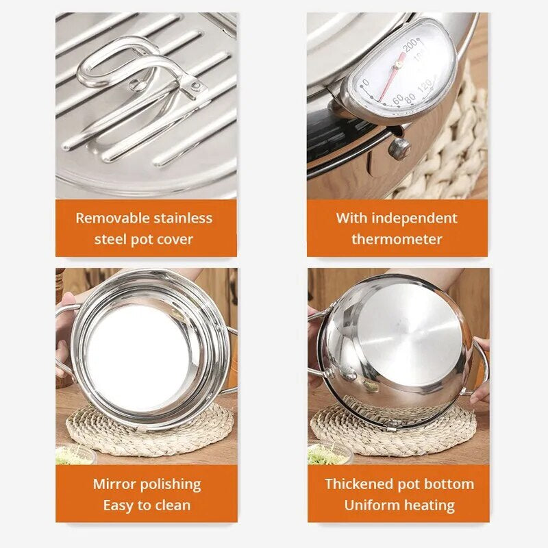 1Pc Stainless Steel Oil Pan Household Thermometer with Cover Tempura Oil Fryer Small Oil Saving French Fries Frying Pan